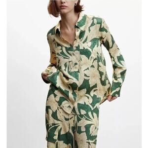 Mango Floral Jacquard Button Down Shirt L Green Beige 70s Retro Satin Blouse